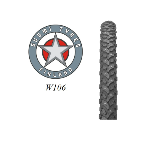 Logotyp för Suomi Tyres Finland med en stjärna i mitten, texten "W106" under den och en vertikal bild av ett dubbdäcksmönster till höger.