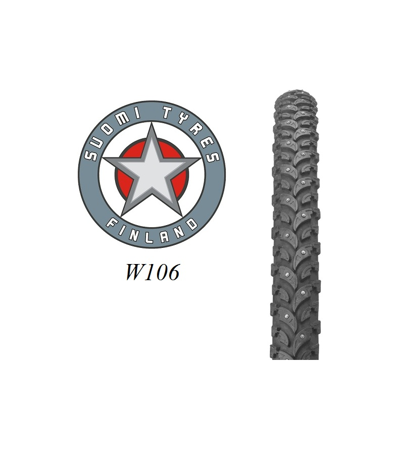 Suomi-Tyres-w106.png Logotyp för Suomi Tyres Finland med en stjärna i mitten, texten "W106" under den och en vertikal bild av ett dubbdäcksmönster till höger.