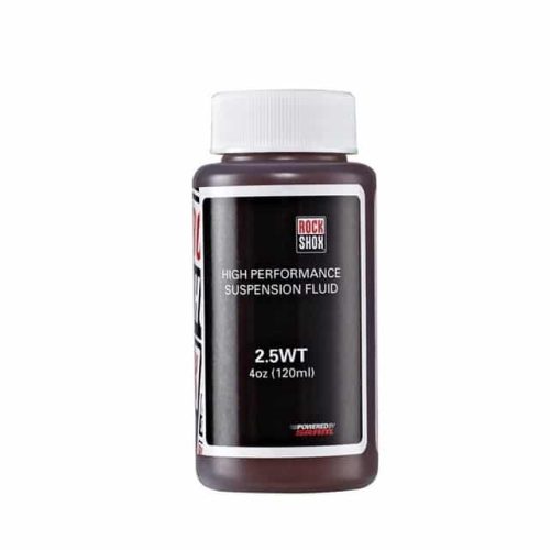 En plastflaska med RockShox High Performance Suspension Fluid, märkt 2,5WT och 4 oz (120 ml), med ett vitt skruvlock och en svart etikett med produktinformation.