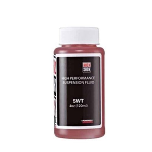 En 120 ml (4 oz) flaska märkt "RockShox High Performance Suspension Fluid 5WT" med svart och röd etikett och vitt lock, avsedd att användas i cykelns fjädringssystem.