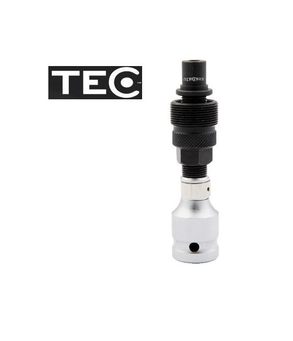 Tec-2-i-1-vevarmsavdragare.png En cykelvevdragare av metall med svart gängad topp och silverfärgad bas visas upprätt mot en vit bakgrund. Ordet "TEC" står med feta bokstäver på en svart rektangel till vänster om verktyget.