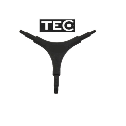 Ett svart, tredelat TEC-märkt sexkantsnyckelverktyg med sexkantsändar i olika storlekar, placerat under en TEC-logotyp på en vit bakgrund.