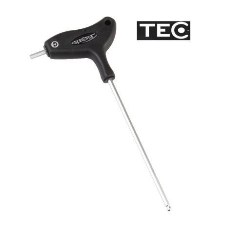 En insexnyckel med T-handtag, svart plasthandtag och ett långt metallskaft som är diagonalt placerat. Produktmärket "TSPOR" syns på handtaget och en "TEC"-logotyp visas i det övre högra hörnet.