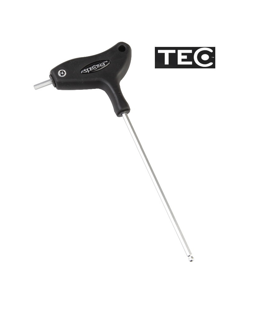 Tec-t-nyckel-insex.png En insexnyckel med T-handtag, svart plasthandtag och ett långt metallskaft som är diagonalt placerat. Produktmärket "TSPOR" syns på handtaget och en "TEC"-logotyp visas i det övre högra hörnet.