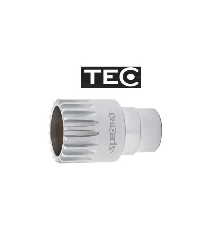 Tec-vevlager-avdragare.png En cylindrisk silverfärgad rörkoppling märkt "SPECTRA" visas under en svartvit "TEC"-logotyp på en vit bakgrund.