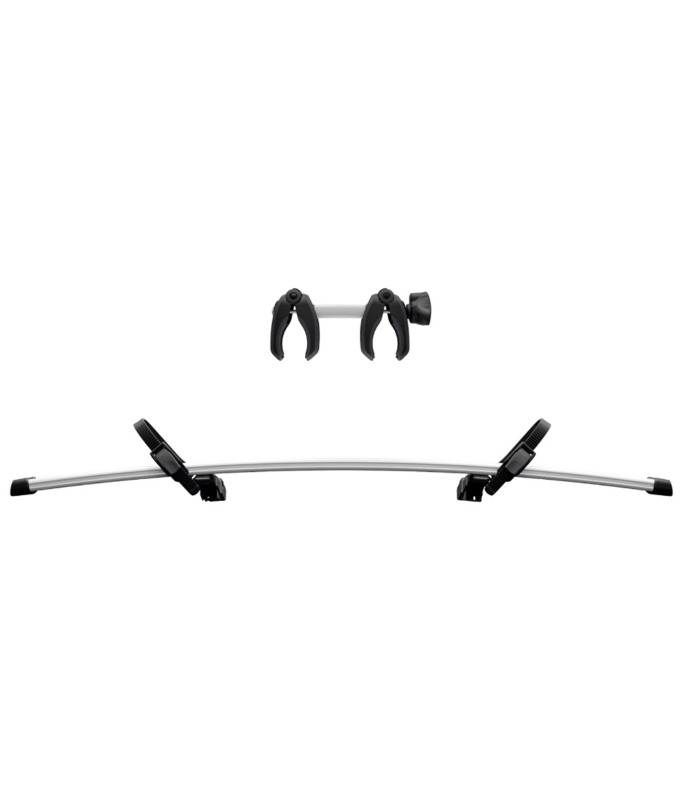 Thule-VeloSpace-XT-Bike-Adapter.jpg Ett silverfärgat cykeltakräcke med svarta plastklämmor, som visas nedmonterat med huvudstången längst ned och den justerbara klämkomponenten ovanför mot en vit bakgrund.