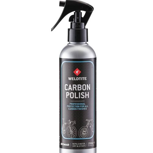 En silverfärgad sprayflaska märkt "Weldtite Carbon Polish" med ett svart avtryckarmunstycke, som visar bilder på cyklar och anger att den är avsedd för professionellt skydd av alla kolfiberytor. Flaskan innehåller 250 ml.