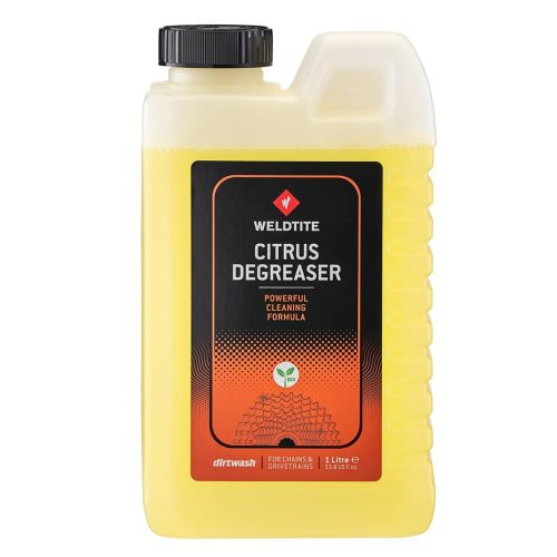 En 1-liters plastflaska med Weldtite Citrus Degreaser med svart skruvkork och handtag. Etiketten är svart och orange och anger att den är avsedd för kedjor och drivlinor och har en kraftfull rengöringsformel.