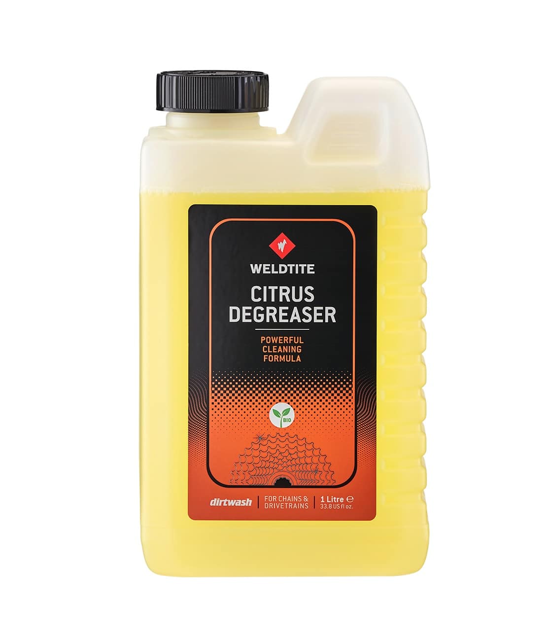 WELDTITE-Citrus-Desgreaser-1L.jpg En 1-liters plastflaska med Weldtite Citrus Degreaser med svart skruvkork och handtag. Etiketten är svart och orange och anger att den är avsedd för kedjor och drivlinor och har en kraftfull rengöringsformel.