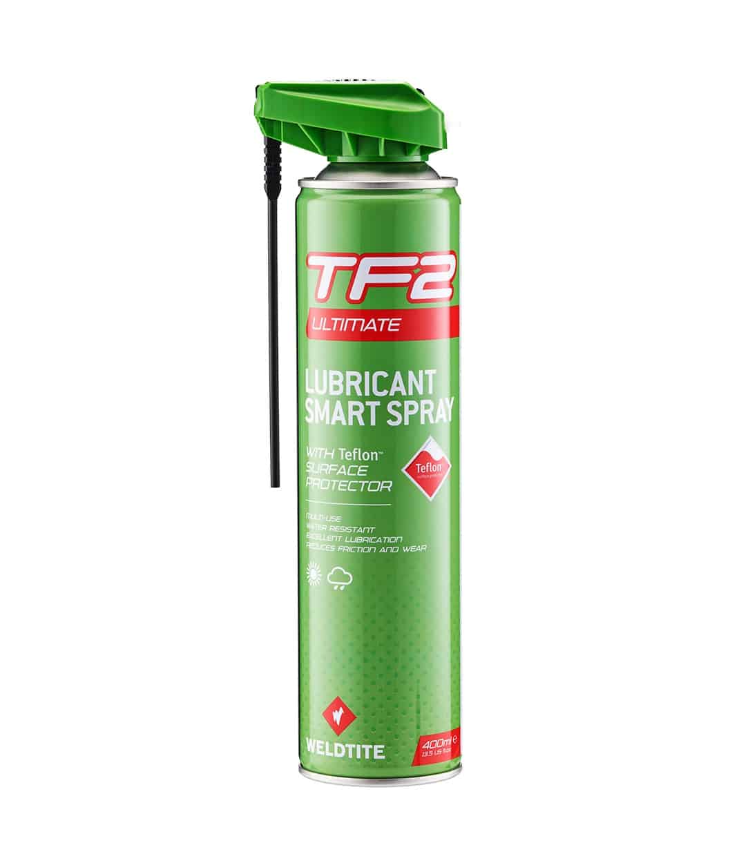 WELDTITE-TF2-Ultimate-Lube-Smart-Spray-400ml.jpg En burk TF2 Ultimate Lubricant Smart Spray med grönt lock och påsatt sugrör