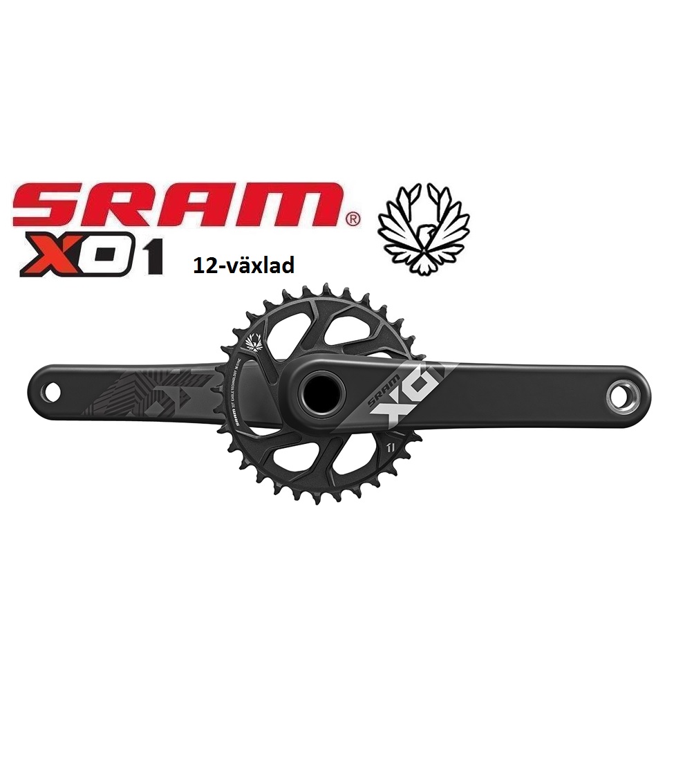 X01-Eagle-Boost-32T-vevparti.jpg SRAM X01 12-växlad cykelvevparti med en enkel främre kedjering, visad med märkeslogotyper och en örngrafik ovanför vevarmarna.