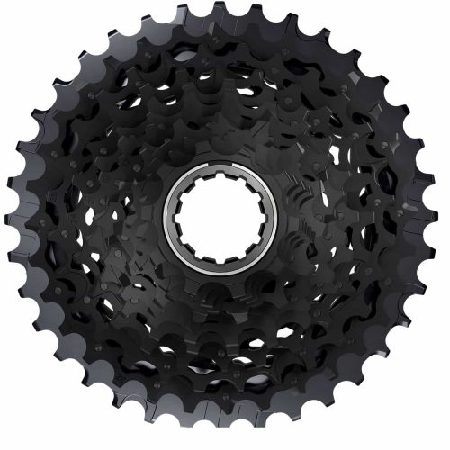 En närbild, uppifrån och ned, av en svart cykelkassett med flera kugghjul som är placerade i ett cirkulärt mönster runt ett centralt nav.