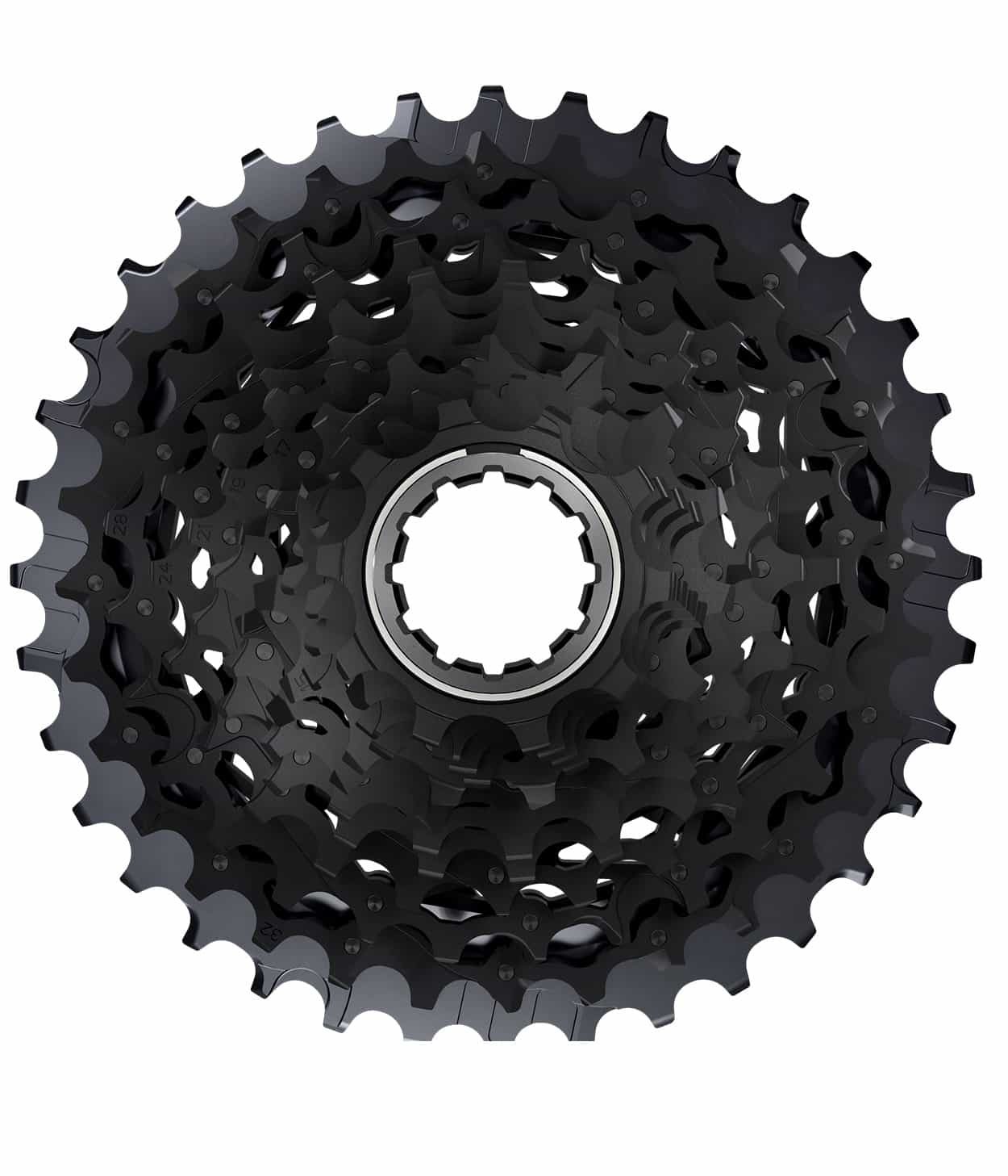 XG-1270-Force-X-glide.jpg En närbild, uppifrån och ned, av en svart cykelkassett med flera kugghjul som är placerade i ett cirkulärt mönster runt ett centralt nav.