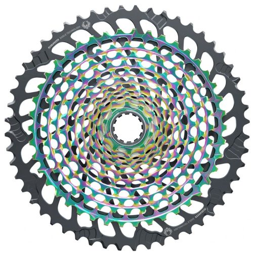 En närbild av en cykelkassett med flera kugghjul i ett cirkulärt mönster