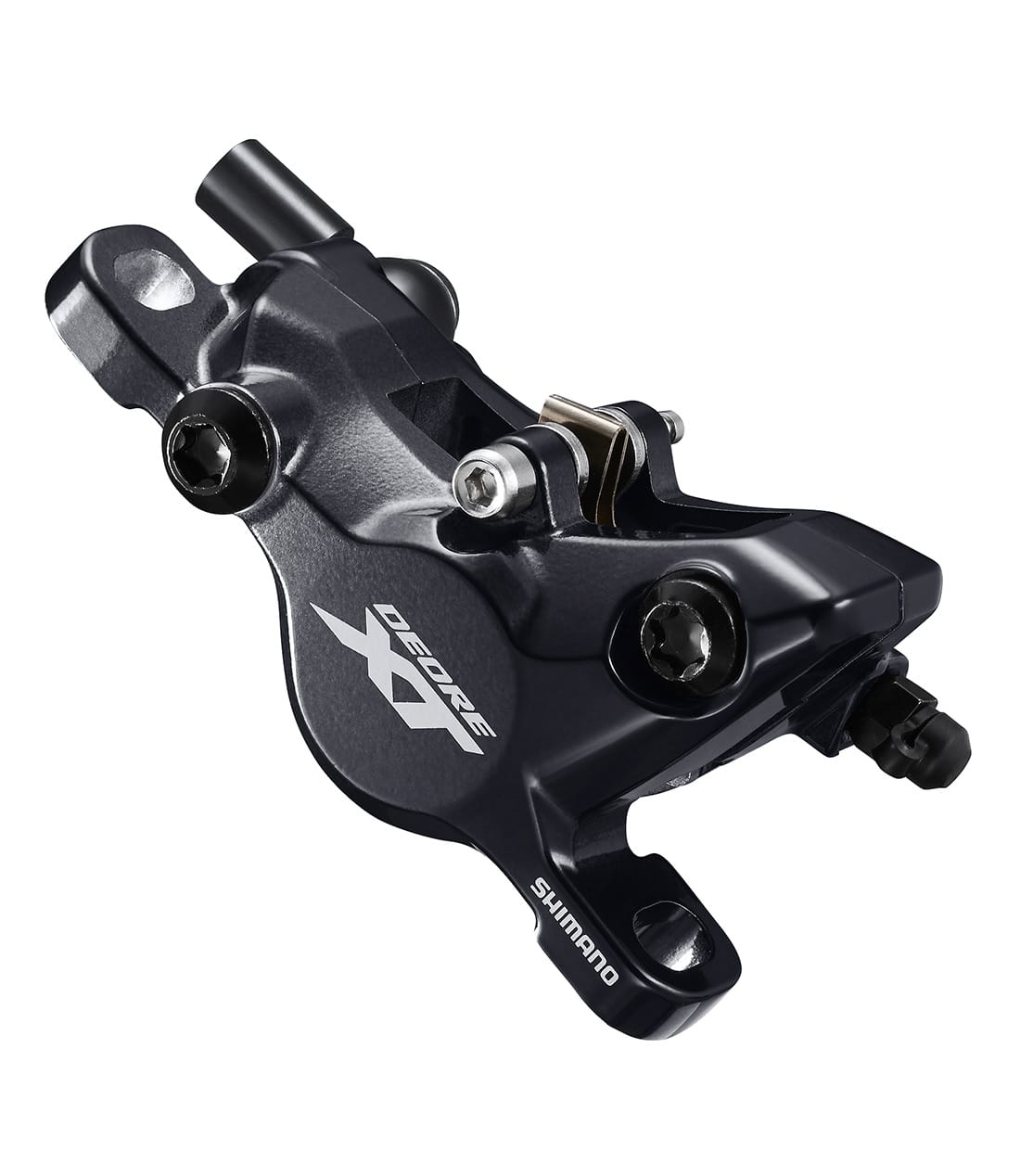 XT-BRM8100-Bromsok.jpg Ett svart Shimano Deore XT hydrauliskt skivbromsok för cyklar med synliga bultar och logotyp, isolerat mot en vit bakgrund.