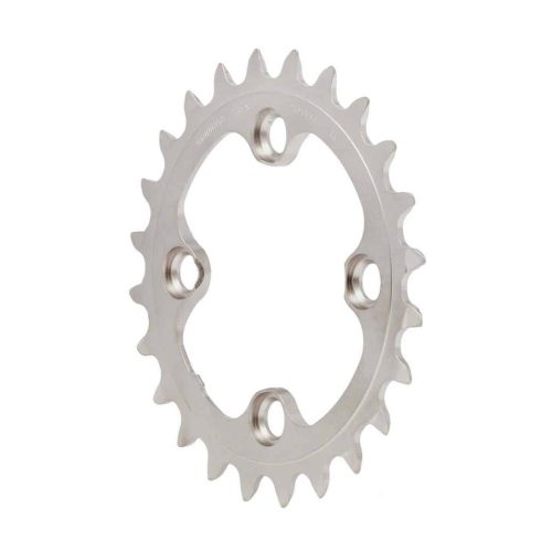 En cykelkedja i silver med 22 jämnt fördelade tänder och fyra monteringshål, sedd framifrån mot en vit bakgrund.