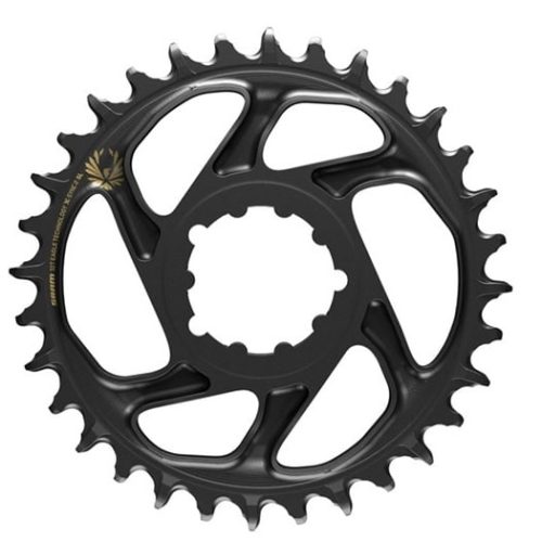 En svart cykelkedjekrans med 32 jämnt fördelade tänder, fem utskurna sektioner och ett centralt monteringshål, mot en vit bakgrund.