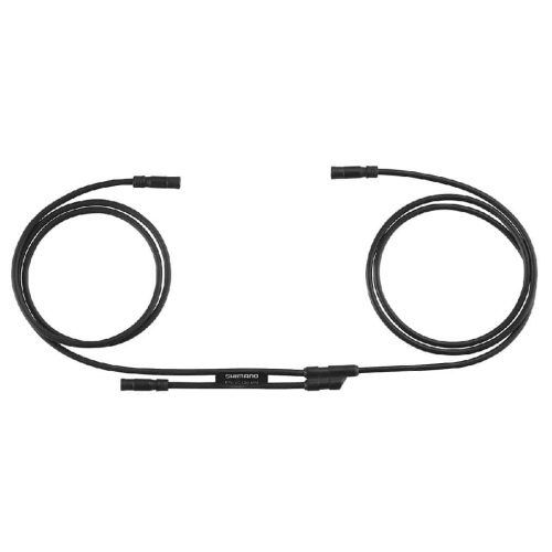 En svart Shimano elcykelkabel med kontakter i båda ändar, här upprullad i två öglor mot en vit bakgrund.
