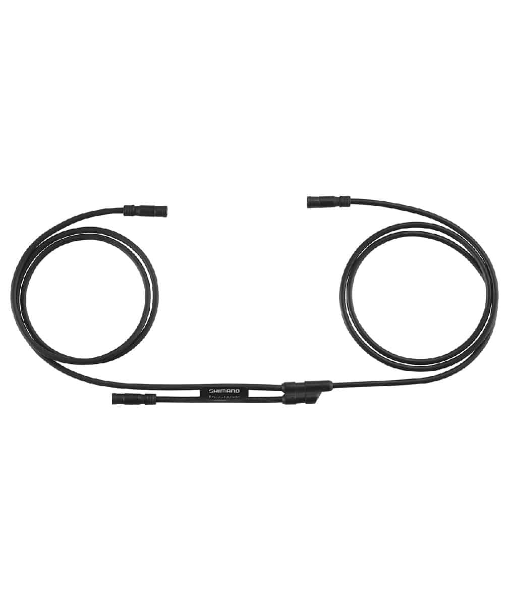Y-Split.jpg En svart Shimano elcykelkabel med kontakter i båda ändar, här upprullad i två öglor mot en vit bakgrund.