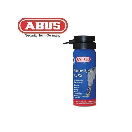 En burk ABUS Pflege-Spray PS 88 med munstycke, bredvid logotypen för ABUS Security Tech Germany. På den blå burken finns produktinformation och en illustration av en nyckel.
