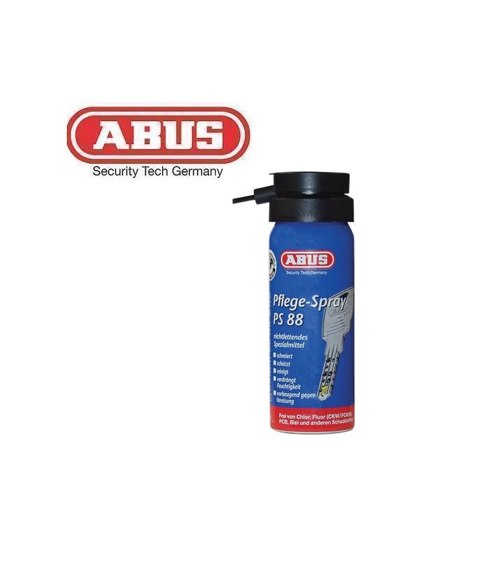 abus-olja.png En burk ABUS Pflege-Spray PS 88 med munstycke, bredvid logotypen för ABUS Security Tech Germany. På den blå burken finns produktinformation och en illustration av en nyckel.