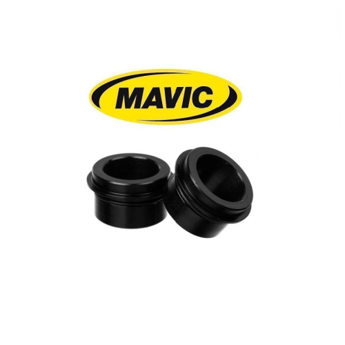 Två svarta cylindriska metalladaptrar visas sida vid sida under en gul och svart "Mavic"-logotyp på en vit bakgrund.