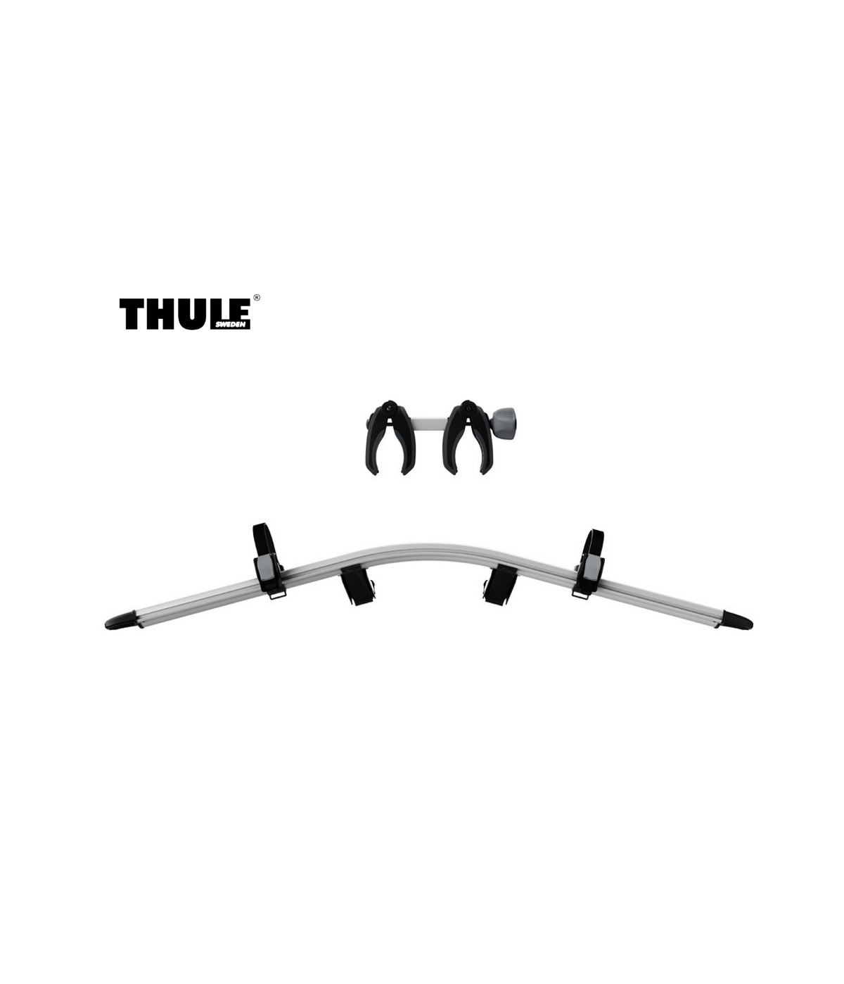 adapter-thule-velocompact.png Ett silverfärgat Thule-fäste för cykelhållare med svarta klämmor visas mot en vit bakgrund. Thule-logotypen visas i svart text i det övre vänstra hörnet.