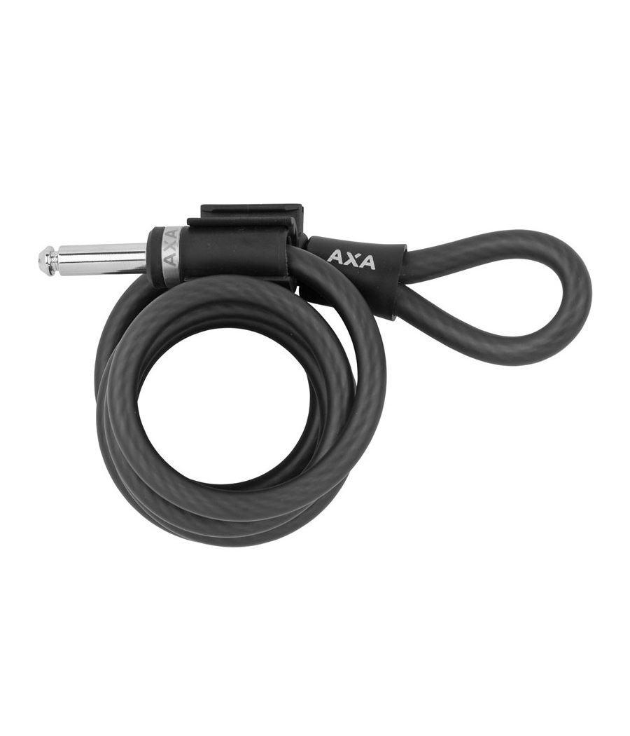 axa.newton.plug_.in_.png Ett svart kabellås med en låsmekanism av metall i ena änden och varumärket "AXA" tryckt på låset.