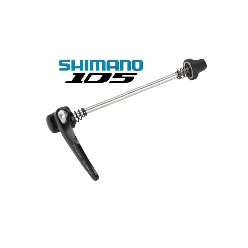 En Shimano 105 snabbkoppling för cyklar visas horisontellt med Shimano 105-logotypen ovanför. Spettet har en svart spak och ett ändlock på motsatta sidor.