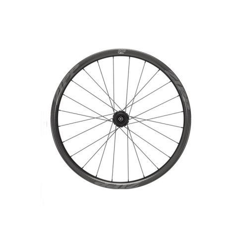 Ett enkelt cykelhjul med en svart kolfiberfälg och jämnt fördelade ekrar, mot en vit bakgrund.