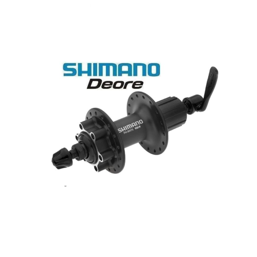 Ett Shimano Deore baknav för cykel visas i svart med en snabbkopplingsspak