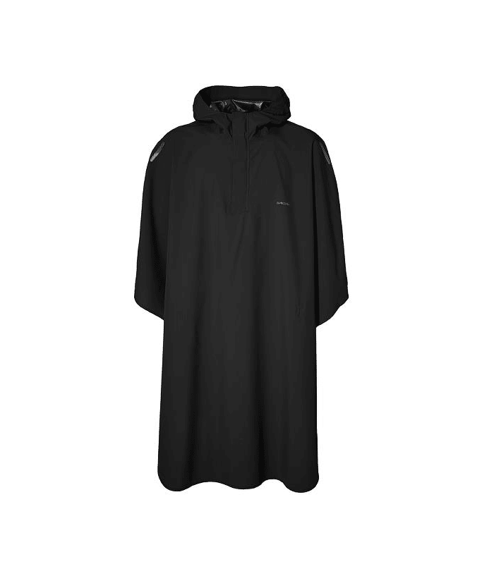basil-cykelponcho-svart.png En svart regnponcho med huva, korta ärmar och dragkedja framtill på bröstet, mot en vit bakgrund.