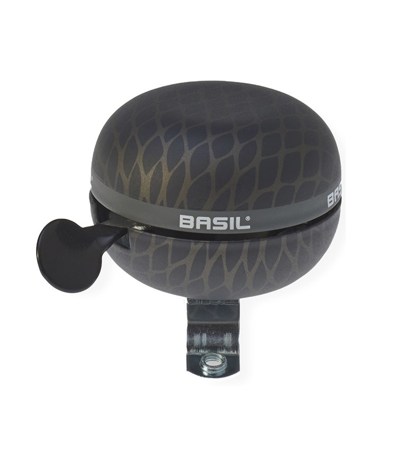 basil.bell_.noir_.png En svart cykelklocka med matt, strukturerad yta och ett subtilt mönster. Varumärket "BASIL" är tryckt i vitt på sidan. Ringklockan har ett monteringsfäste i metall och en tumspak.