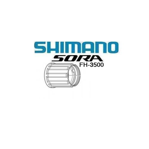 En teknisk ritning av en Shimano Sora FH-3500 cykelfrikopplingskropp, med texten "SHIMANO SORA FH-3500" ovanför och runt illustrationen på en vit bakgrund.
