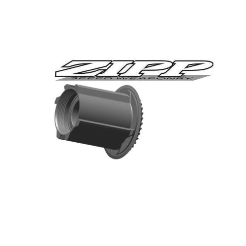 En svartvit illustration av en Zipp-navkomponent för cyklar visas under Zipp-logotypen och orden "Speed Weaponry" på en vit bakgrund.