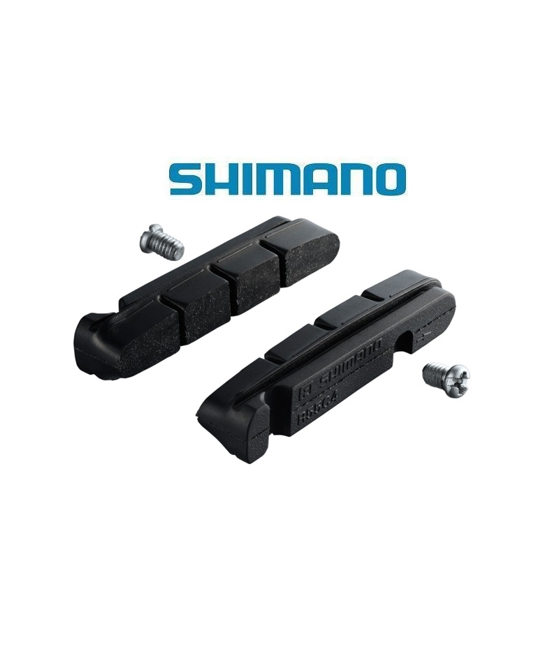 bromsbelagg-shimano-for-dura-ace-9000.png Två svarta Shimano-cykelbromsbelägg och två skruvar visas på en vit bakgrund