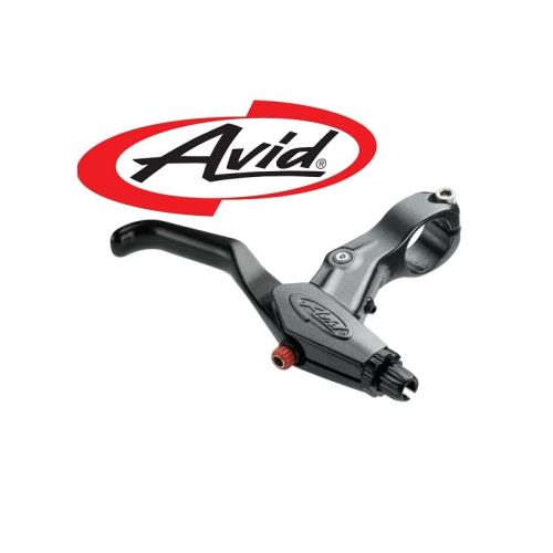 En cykelbromsspak med svart yta visas under den röda och svarta Avid-logotypen på en vit bakgrund.