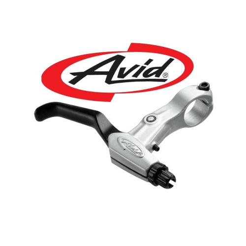 En silverfärgad och svart cykelbromsspak med Avid-logotypen ovanför i svart text på en röd oval bakgrund. Spaken är vinklad åt vänster med en klämma för fastsättning på styret.