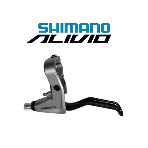 En Shimano Alivio cykelbromshandtag visas med ett svart handtag och grått hölje, placerat under Shimano Alivio-logotypen på en vit bakgrund.