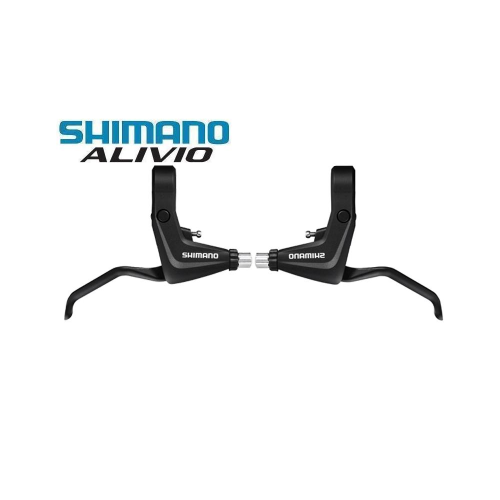 Ett par svarta Shimano Alivio-bromshandtag för cykel visas mot en vit bakgrund med Shimano Alivio-logotypen ovanför dem.