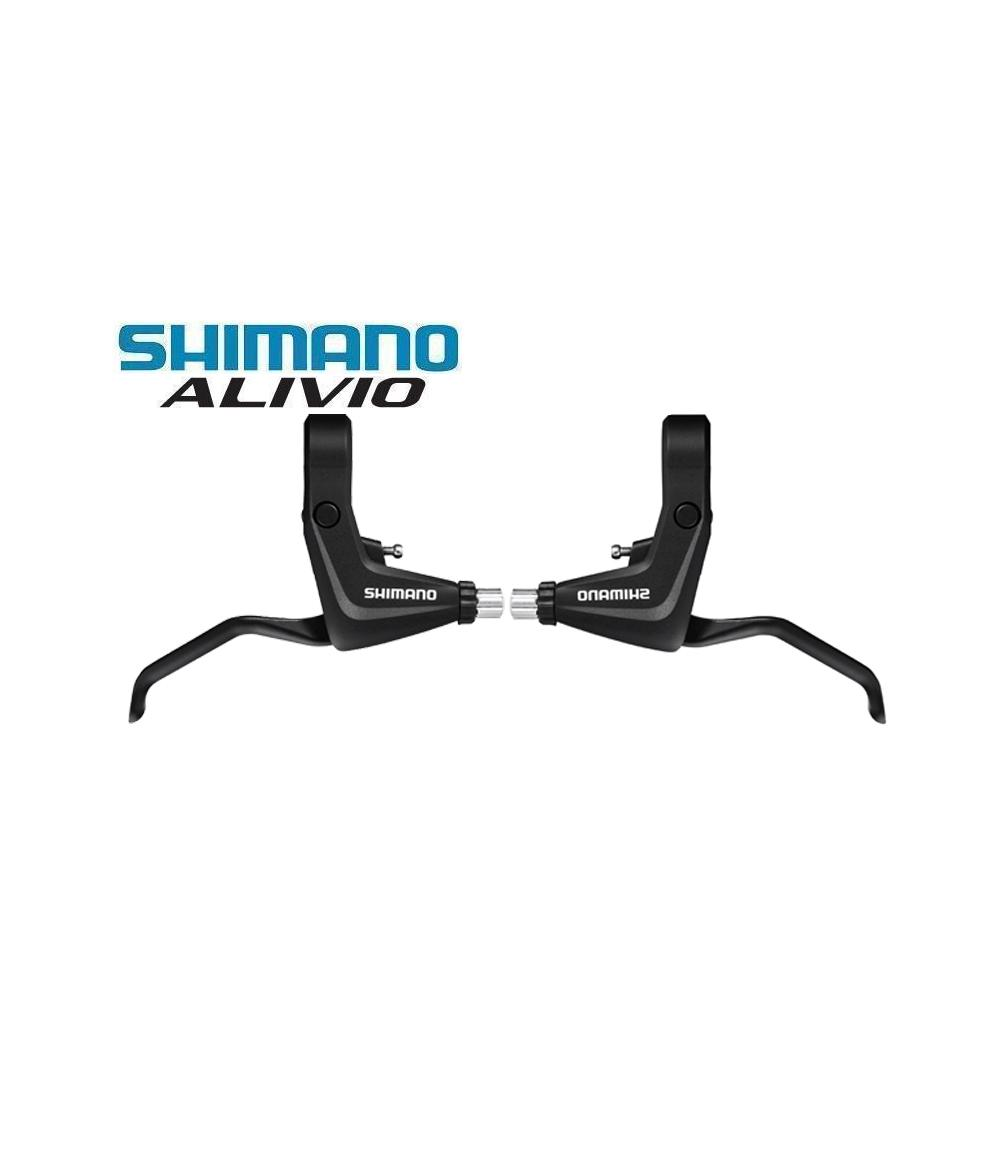 bromsreglage-shimano-alivio-bl-t4000-par.png Ett par svarta Shimano Alivio-bromshandtag för cykel visas mot en vit bakgrund med Shimano Alivio-logotypen ovanför dem.