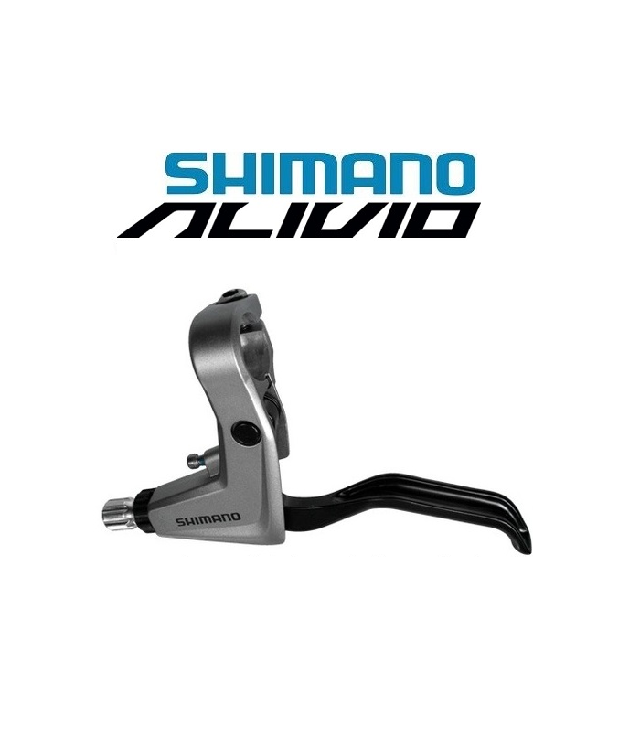 bromsreglage-shimano-alivio-bl-t4000.png En Shimano Alivio cykelbromshandtag visas med ett svart handtag och grått hölje, placerat under Shimano Alivio-logotypen på en vit bakgrund.