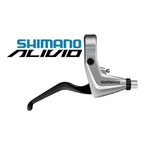 En silverfärgad och svart Shimano Alivio cykelbromsspak visas mot en vit bakgrund
