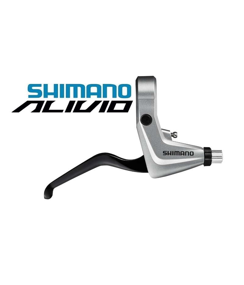 bromsreglage-shimano-alivio-bl-t4010.png En silverfärgad och svart Shimano Alivio cykelbromsspak visas mot en vit bakgrund, med Shimano Alivio-logotypen i blå och svart text till vänster om spaken.