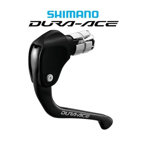 En Shimano Dura-Ace cykelstyrväxel visas mot en vit bakgrund med Shimano- och Dura-Ace-logotyperna ovanför. Växeln är svart med en silverfärgad inställningsratt.