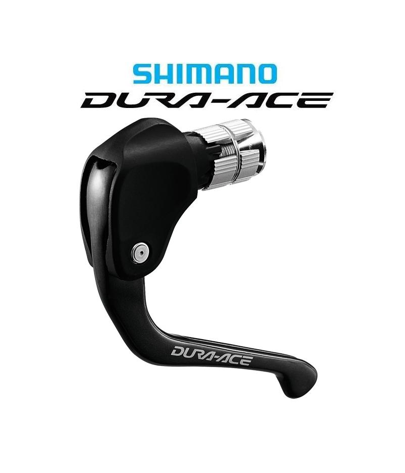 bromsreglage-shimano-dura-ace-carbon-bl-tt79.png En Shimano Dura-Ace cykelstyrväxel visas mot en vit bakgrund med Shimano- och Dura-Ace-logotyperna ovanför. Växeln är svart med en silverfärgad inställningsratt.