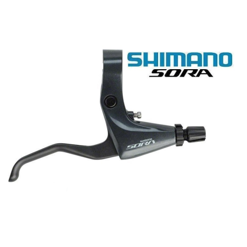 En Shimano Sora cykelbromsspak visas mot en vit bakgrund. Shimano Sora-logotypen visas ovanför och på sidan av spaken med blå och vita bokstäver.