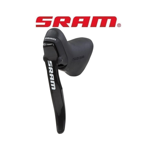 En svart SRAM cykelväxel- och bromsspak visas mot en vit bakgrund med den röda SRAM-logotypen ovanför. Ordet "SRAM" är skrivet i vitt på spaken och i svart på kroppen.