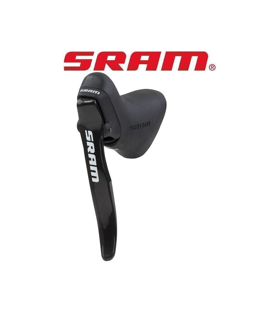 bromsreglage-sram-s-900.png En svart SRAM cykelväxel- och bromsspak visas mot en vit bakgrund med den röda SRAM-logotypen ovanför. Ordet "SRAM" är skrivet i vitt på spaken och i svart på kroppen.