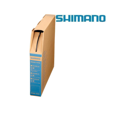 En brun Shimano-märkt låda med blå märkning matar ut svart bromsslang från en öppning. Shimanos logotyp visas ovanför och till höger om lådan på en vit bakgrund.